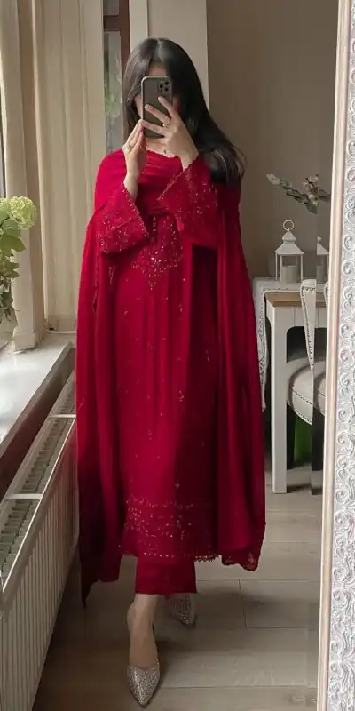 LG 2002 Red Georgette With Embroidery Work Salwar Suit . Wedding, Party, Festive, Events, Affordable Price ₹1999. Delivery 4-6 Working Days. Shop now. | Jump Suits, Tops & Bottoms, Track Suits, Trendy Wear, Salwar suit, Designer Suits, Casual Suits, Creative suits, Palazzo Suits, Party Wear Suits, Patiala Suits, Straight Suits