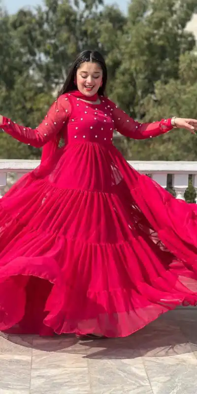 Red Georgette With Bead Work Gown