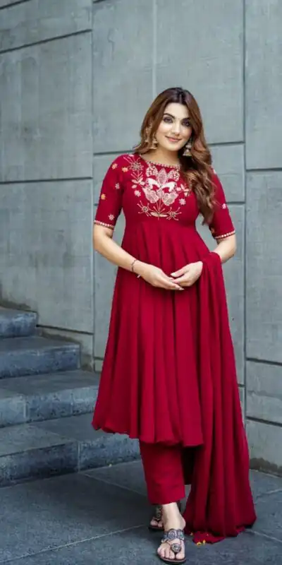 NSR 873 Red Roman Simmer Silk With Fency Neck And Fecny Sleeve Gown with Embroidery Work. Best Price ₹2049. Delivery 4-6 Working Days. Shop now. | Gowns, Bollywood Gowns, Creative Gowns, Designer Gowns, Embroidered Gowns, Party Wear Gowns