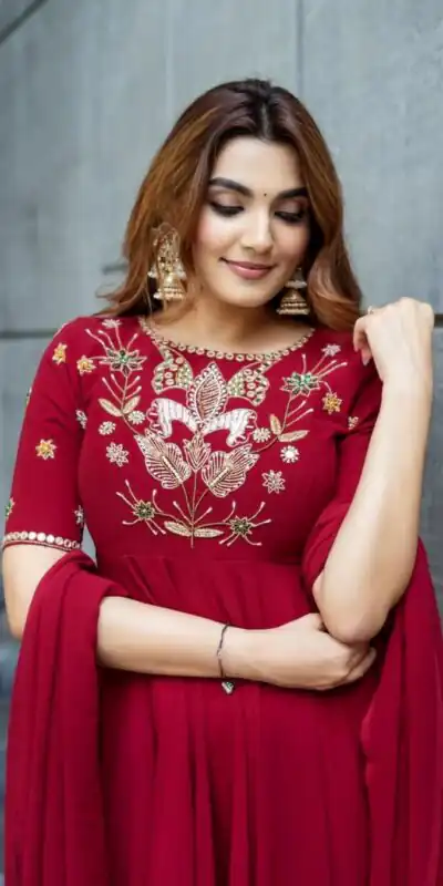 NSR 873 Red Roman Simmer Silk With Fency Neck And Fecny Sleeve Gown with Embroidery Work. Best Price ₹2049. Delivery 4-6 Working Days. Shop now. | Gowns, Bollywood Gowns, Creative Gowns, Designer Gowns, Embroidered Gowns, Party Wear Gowns