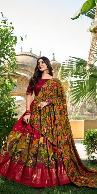 LNB 1219 Red Tasar Silk With Gotta Patti Work & Kalamkari Print Lehenga Choli . Best Price ₹2449. Delivery 4-6 Working Days. Shop now. | Lehenga, Bollywood Lehenga, Creative Lehenga, Designer Lehenga, Embroidered Lehenga, Party Wear Lehenga