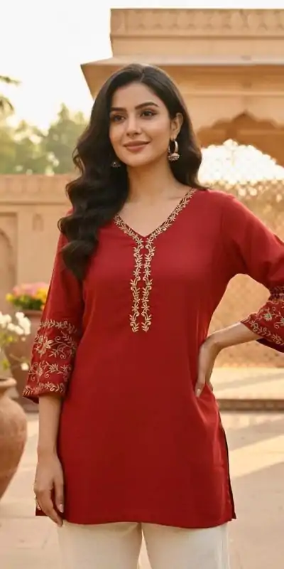 INLI Adaa 5.0 Rust Rayon with Embroidery Work Kurti .Wedding, Party, Festive, Events, Best Price ₹1349. Delivery 4-6 Working Days. Shop now. | Kurti, Bollywood Kurti, Creative Kurtis, Designer Kurti, Party Wear Kurti, Selfie Kurti