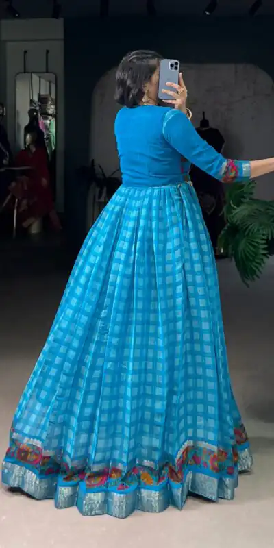 YNF 5034 Sky Blue Polyester Viscose Chanderi Zari Work & Lace Work Gown in . Affordable Price ₹1799. Delivery 4-6 Working Days. Shop now. | Gowns, Bollywood Gowns, Creative Gowns, Designer Gowns, Embroidered Gowns, Party Wear Gowns