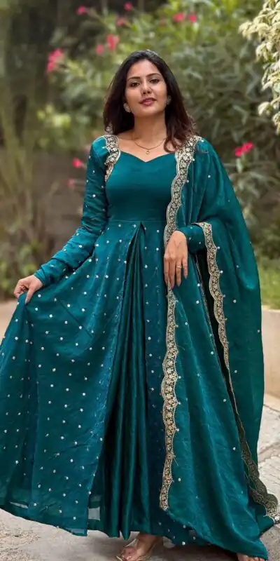 SSR 516 Teal Heavy Fandy Silk With Embroidery sequence Work Gown Perfect for Wedding, Party, Onam, Makar Sankranti, Traditional Day Special Price ₹ 2149 | Gowns, Bollywood Gowns, Creative Gowns, Designer Gowns, Embroidered Gowns, Party Wear Gowns