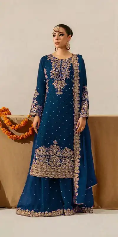 Teal Faux Georgette Lace Work Salwar Suit