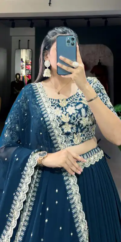 LNB 1405 Teal in Teal Georgette Sequins Work & Embroidery Work Lehenga Choli . Available at ₹3099 only. Delivery 4-6 Working Days. Shop now. | Lehenga, Bollywood Lehenga, Creative Lehenga, Designer Lehenga, Embroidered Lehenga, Party Wear Lehenga