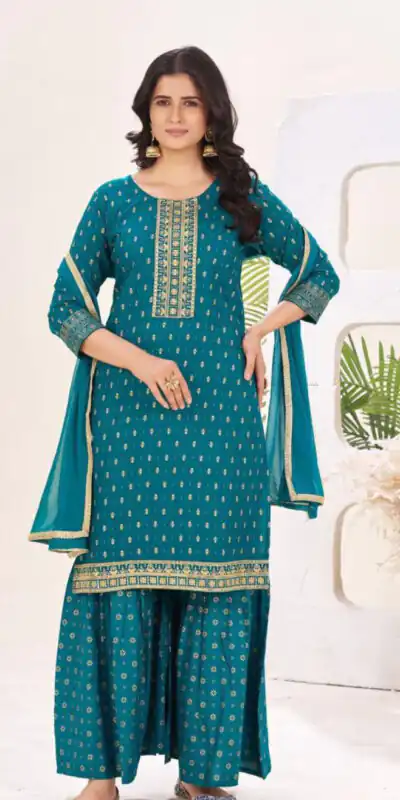 Teal Rayon Lace Embroidery Work Salwar Suit