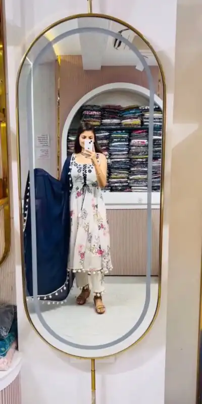 ZSR 3147 White Georgette Butti With Digital Print And Mirror Work Perfect for Wedding, Party, Engagement, Holi, Cultural Events 2099/- only | Gowns, Bollywood Gowns, Creative Gowns, Designer Gowns, Embroidered Gowns, Party Wear Gowns