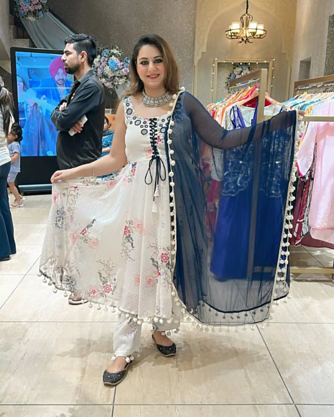 ZSR 3147 White Georgette Butti With Digital Print And Mirror Work Perfect for Wedding, Party, Engagement, Holi, Cultural Events 2099/- only | Gowns, Bollywood Gowns, Creative Gowns, Designer Gowns, Embroidered Gowns, Party Wear Gowns