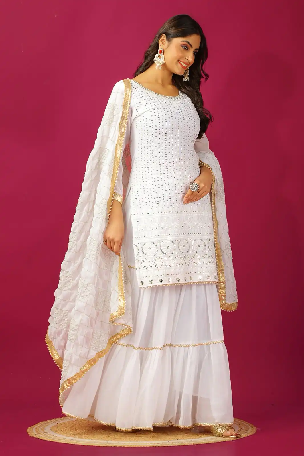 SR 1671 White Georgette Salwar Suit Perfect for Wedding, Party, Cultural Events, Temple Visit, Lohri Now at just ₹1799. Delivery 4-6 Working Days. | Jump Suits, Tops & Bottoms, Track Suits, Trendy Wear, Salwar suit, Designer Suits, Casual Suits, Creative suits, Palazzo Suits, Party Wear Suits, Patiala Suits, Straight Suits
