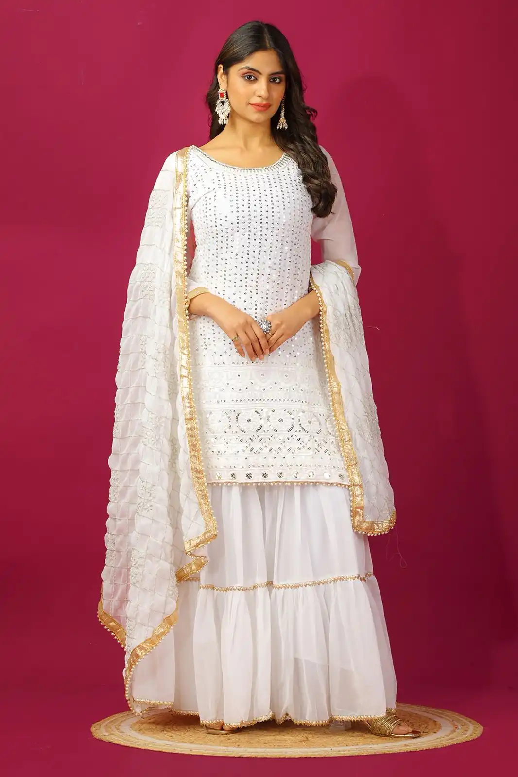 SR 1671 White Georgette Salwar Suit Perfect for Wedding, Party, Cultural Events, Temple Visit, Lohri Now at just ₹1799. Delivery 4-6 Working Days. | Jump Suits, Tops & Bottoms, Track Suits, Trendy Wear, Salwar suit, Designer Suits, Casual Suits, Creative suits, Palazzo Suits, Party Wear Suits, Patiala Suits, Straight Suits