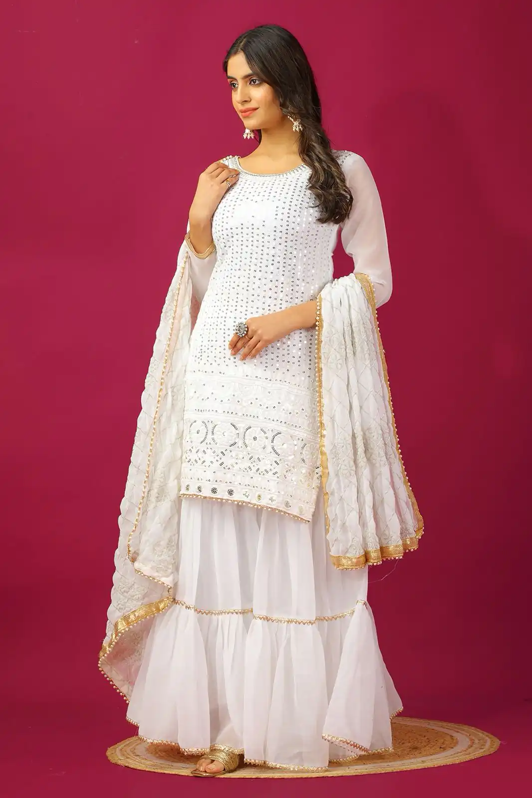 SR 1671 White Georgette Salwar Suit Perfect for Wedding, Party, Cultural Events, Temple Visit, Lohri Now at just ₹1799. Delivery 4-6 Working Days. | Jump Suits, Tops & Bottoms, Track Suits, Trendy Wear, Salwar suit, Designer Suits, Casual Suits, Creative suits, Palazzo Suits, Party Wear Suits, Patiala Suits, Straight Suits