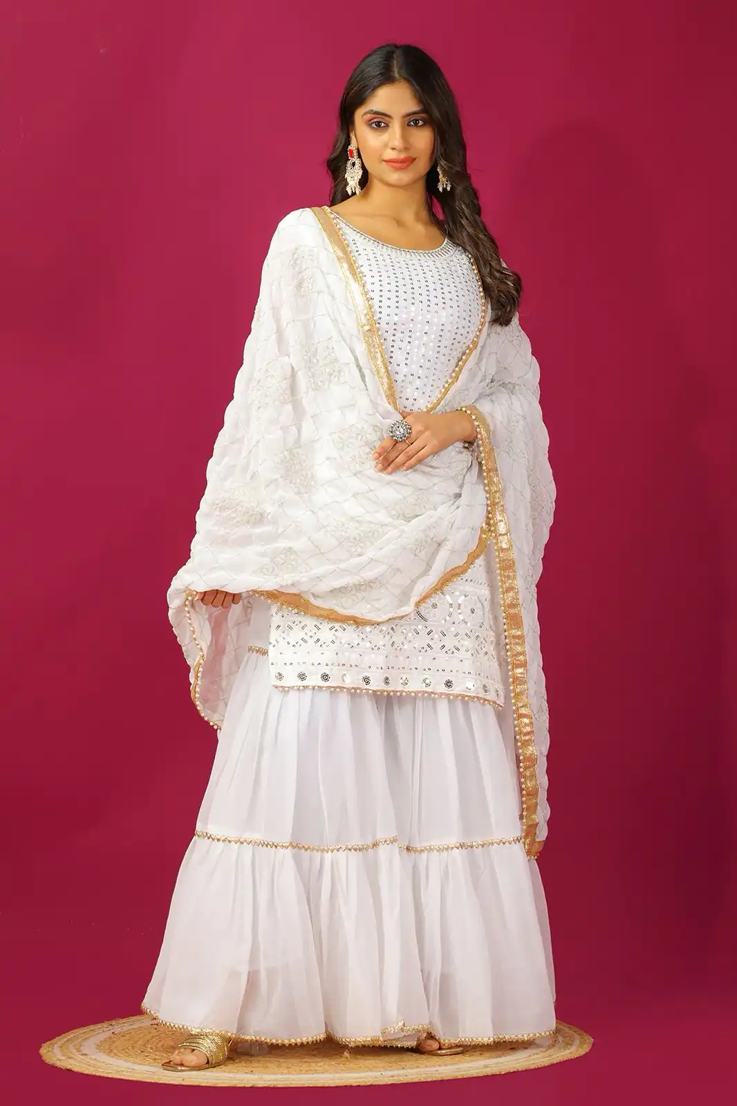 SR 1671 White Georgette Salwar Suit Perfect for Wedding, Party, Cultural Events, Temple Visit, Lohri Now at just ₹1799. Delivery 4-6 Working Days. | Jump Suits, Tops & Bottoms, Track Suits, Trendy Wear, Salwar suit, Designer Suits, Casual Suits, Creative suits, Palazzo Suits, Party Wear Suits, Patiala Suits, Straight Suits