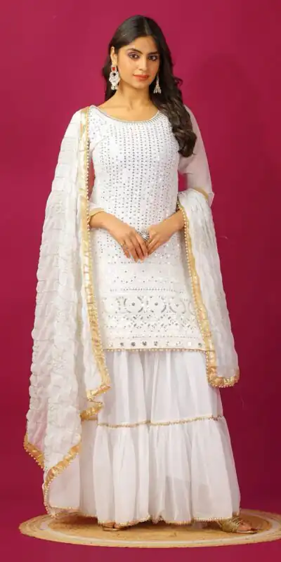 SR 1671 White Georgette Salwar Suit Perfect for Wedding, Party, Cultural Events, Temple Visit, Lohri Now at just ₹1799. Delivery 4-6 Working Days. | Jump Suits, Tops & Bottoms, Track Suits, Trendy Wear, Salwar suit, Designer Suits, Casual Suits, Creative suits, Palazzo Suits, Party Wear Suits, Patiala Suits, Straight Suits