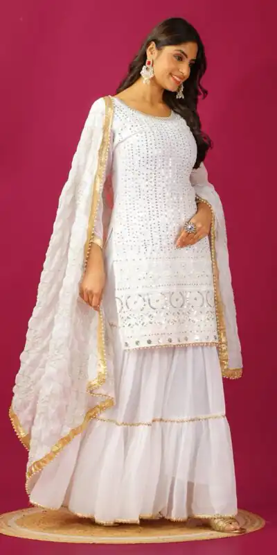 SR 1671 White Georgette Salwar Suit Perfect for Wedding, Party, Cultural Events, Temple Visit, Lohri Now at just ₹1799. Delivery 4-6 Working Days. | Jump Suits, Tops & Bottoms, Track Suits, Trendy Wear, Salwar suit, Designer Suits, Casual Suits, Creative suits, Palazzo Suits, Party Wear Suits, Patiala Suits, Straight Suits