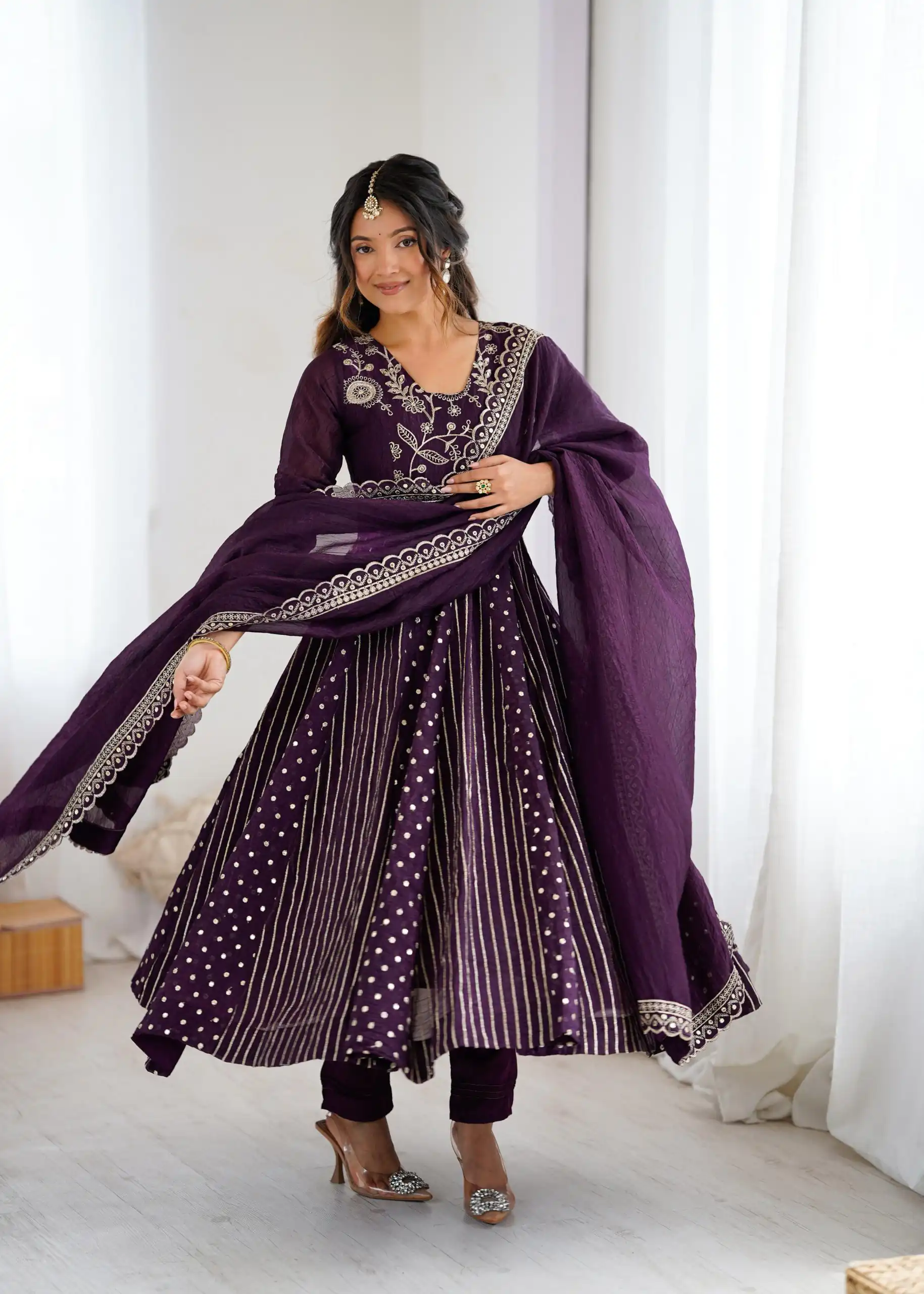 SRK 5293 Wine With Crunchy Silk With Fully Flair with Lace Work & Embroidery Work Anarkali Gown . Introductory Price ₹2149. Delivery 4-6 Worki | Gowns, Bollywood Gowns, Creative Gowns, Designer Gowns, Embroidered Gowns, Party Wear Gowns