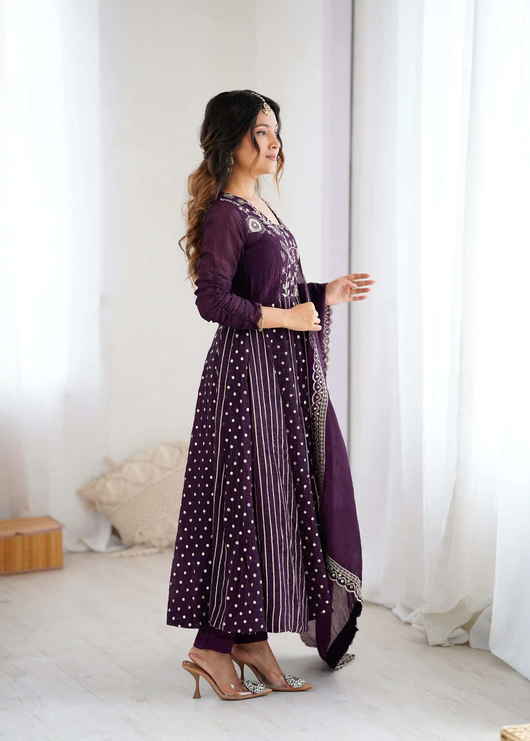 SRK 5293 Wine With Crunchy Silk With Fully Flair with Lace Work & Embroidery Work Anarkali Gown . Introductory Price ₹2149. Delivery 4-6 Worki | Gowns, Bollywood Gowns, Creative Gowns, Designer Gowns, Embroidered Gowns, Party Wear Gowns