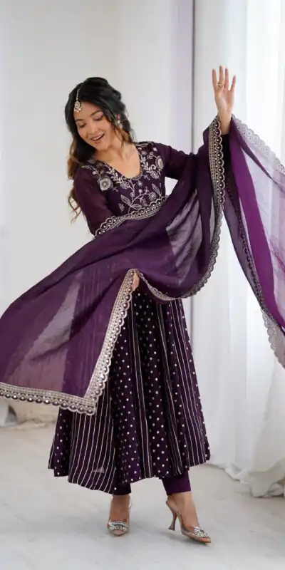 SRK 5293 Wine With Crunchy Silk With Fully Flair with Lace Work & Embroidery Work Anarkali Gown . Introductory Price ₹2149. Delivery 4-6 Worki | Gowns, Bollywood Gowns, Creative Gowns, Designer Gowns, Embroidered Gowns, Party Wear Gowns