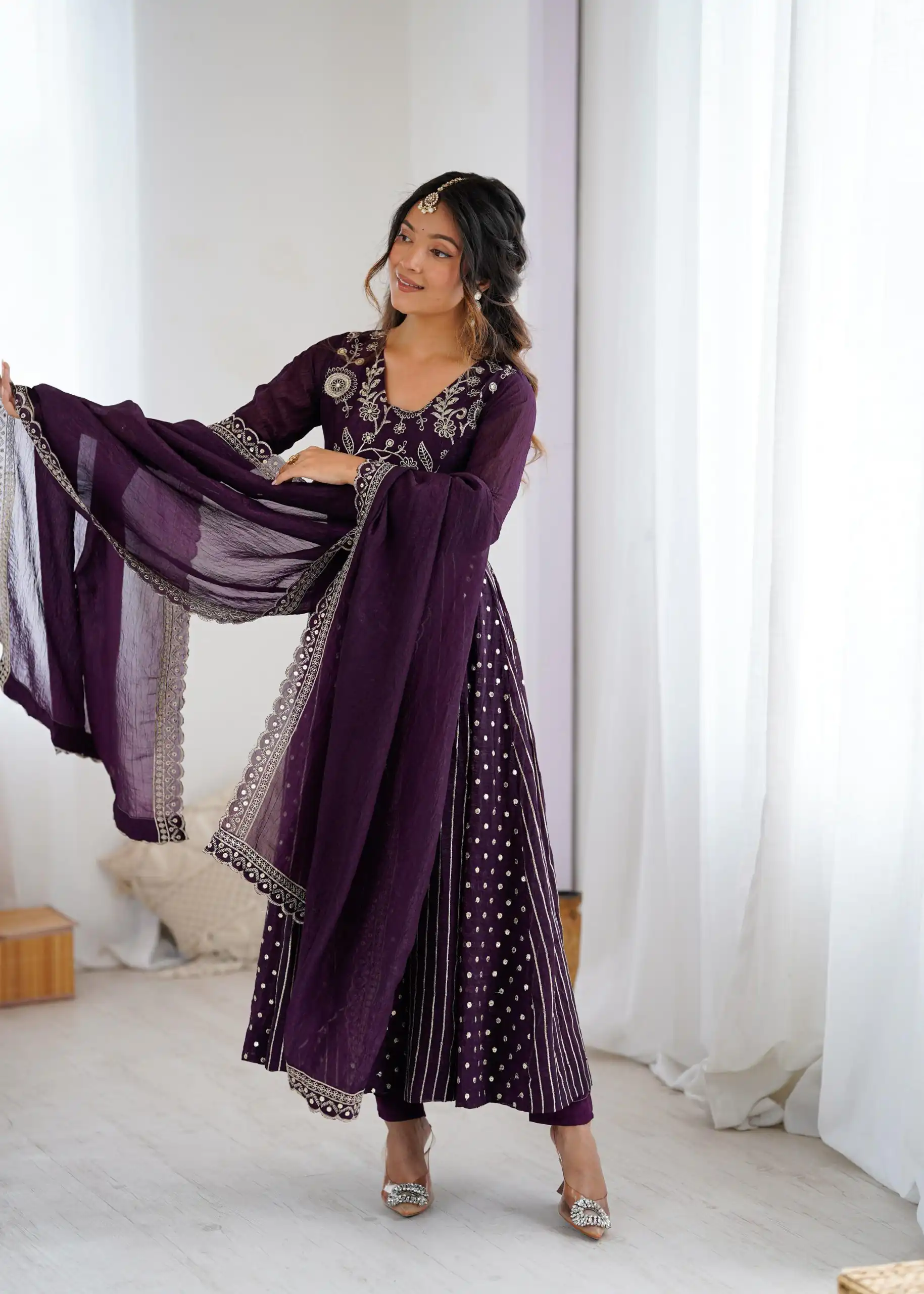 SRK 5293 Wine With Crunchy Silk With Fully Flair with Lace Work & Embroidery Work Anarkali Gown . Introductory Price ₹2149. Delivery 4-6 Worki | Gowns, Bollywood Gowns, Creative Gowns, Designer Gowns, Embroidered Gowns, Party Wear Gowns