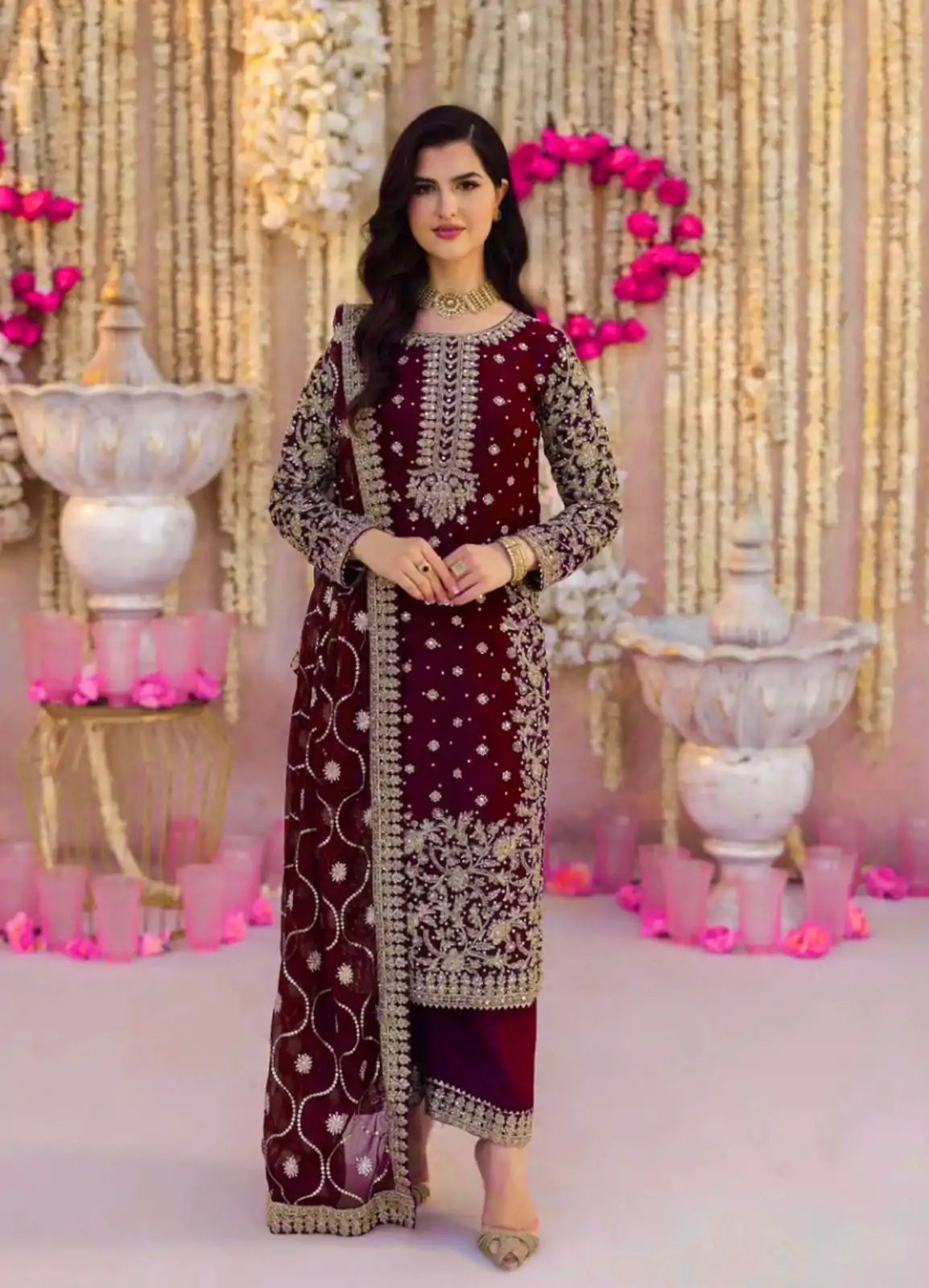 SRK 5238 Wine Faux Georgette With 5mm Embroidery Sequence Work with Beads Work Wedding, Party, Festive, Events, 4-6 Working Days At 2399 | Jump Suits, Salwar suit, Designer Suits, Casual Suits, Creative suits, Palazzo Suits, Party Wear Suits, Patiala Suits, Straight Suits