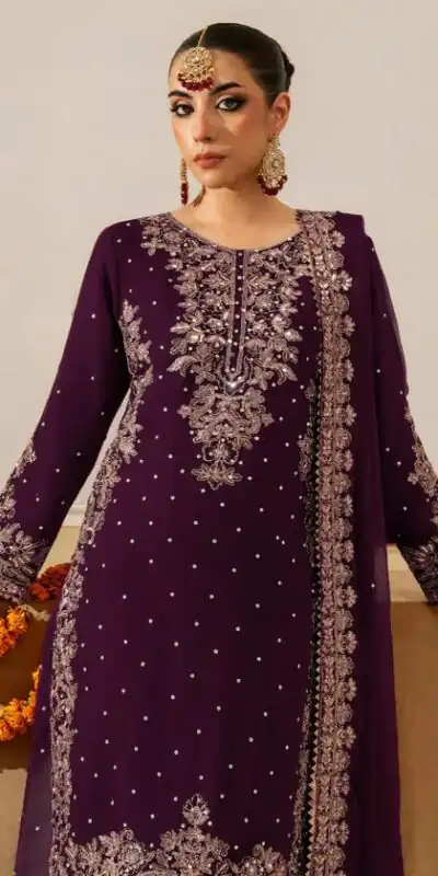 Wine Faux Georgette Lace Work Salwar Suit