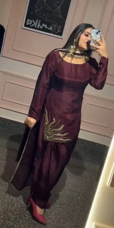 Wine Natural Crep Silk With Hand Work Salwar Suit