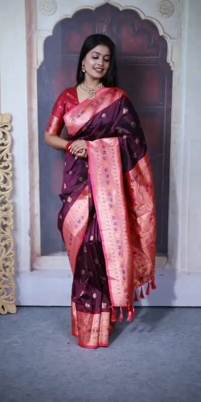 Wine Paithani Ajanta Lotus With Lace Work Saree