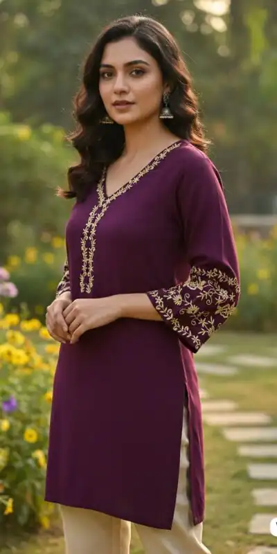 INLI Adaa 5.0 Wine Rayon with Embroidery Work Kurti .Wedding, Party, Festive, Events, Best Price ₹1349. Delivery 4-6 Working Days. Shop now. | Kurti, Bollywood Kurti, Creative Kurtis, Designer Kurti, Party Wear Kurti, Selfie Kurti