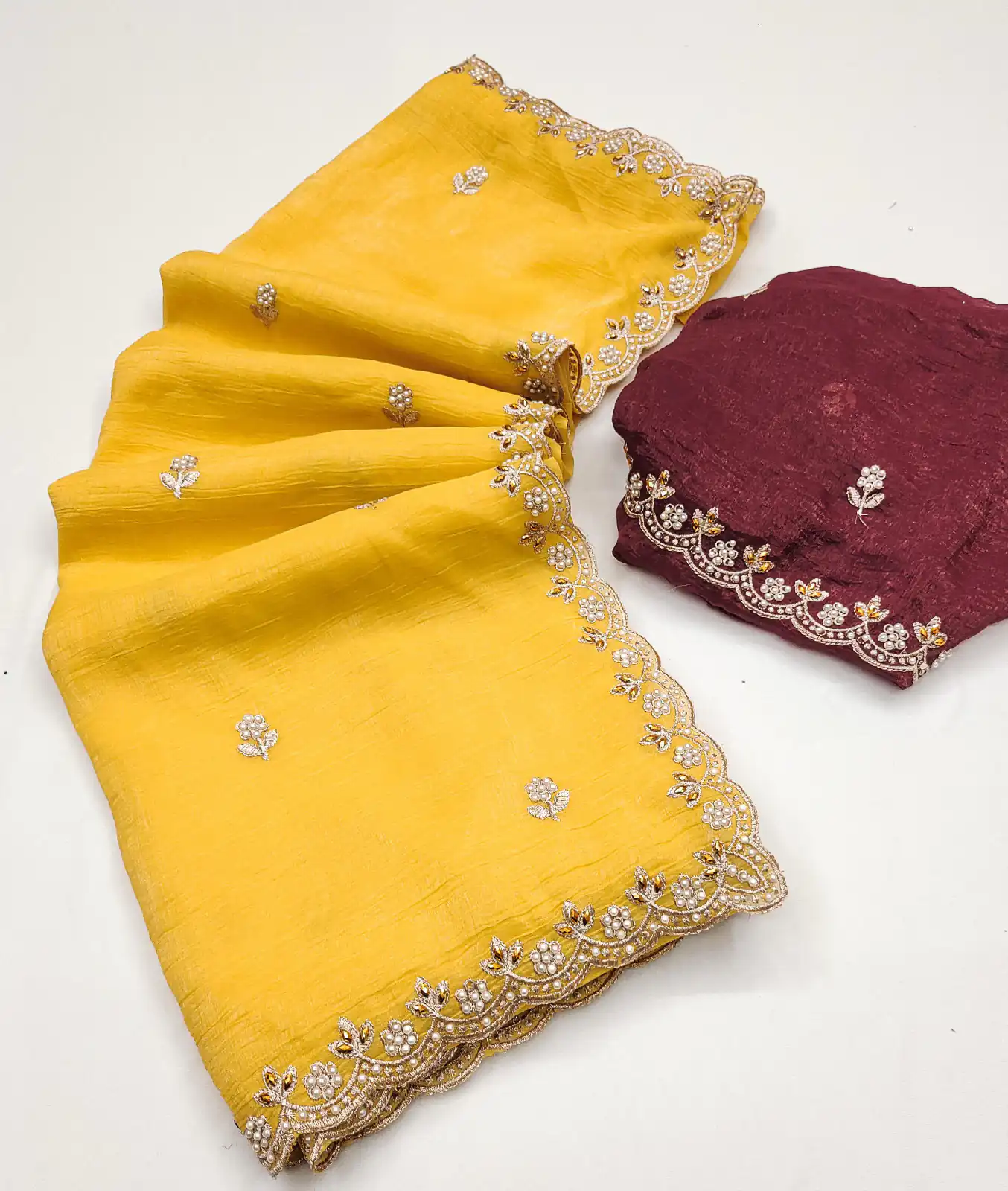 BT 1267 Yellow in Crunchy Chiffon Embroidery Work Saree . Wedding, Party, Festive, Events, Exclusive Offer ₹1749. Delivery 4-6 Working Days. Shop now. | Sarees, Bollywood Sarees, Creative Sarees, Designer Sarees, Embroidered Sarees, Ethnic Saree, Modern Digital sarees, Party Wear Sarees