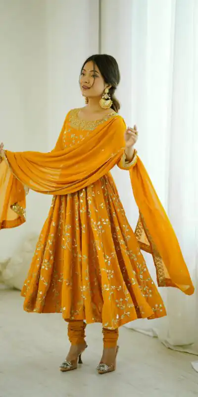 SRK 5299 Yellow Faux Georgette With Sequence Work Perfect for Wedding, Party, Temple Visit, Ganesh Chaturthi Festive, Events, 4-6 Working Days At 2149 | Gowns, Bollywood Gowns, Creative Gowns, Designer Gowns, Embroidered Gowns, Party Wear Gowns