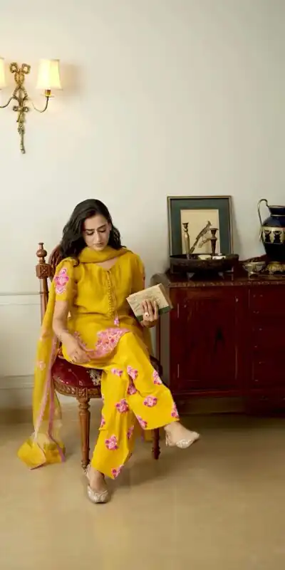 Yellow Natural Crep Silk Sequence Work Salwar Suit