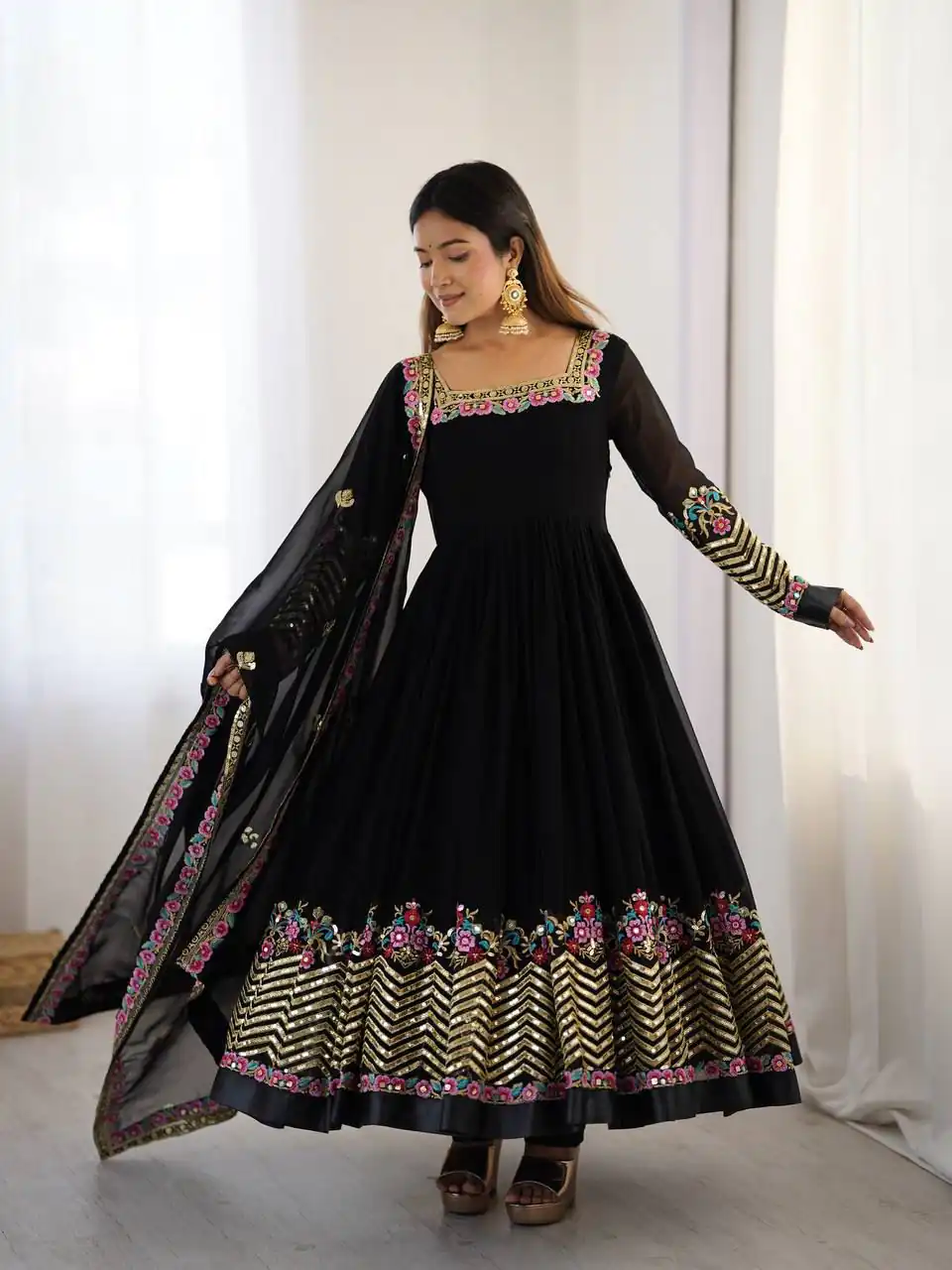 ZF 5010 Black Georgette Gown Perfect for Wedding, Party, Pooja, Ethnic Day, Karwa Chauth – . Best Price ₹2049. Delivery 4-6 Working Days. Shop now. | Jump Suits, Salwar suit, Designer Suits, Casual Suits, Creative suits, Palazzo Suits, Party Wear Suits, Patiala Suits, Straight Suits