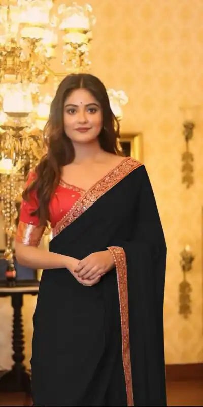 BT 394 Black Color Georgette Saree with Zari Work. Wedding, Party, Festive, Events, Grab it for ₹1774. Delivery 4-6 Working Days. Shop now. | Sarees, Bollywood Sarees, Creative Sarees, Designer Sarees, Embroidered Sarees, Ethnic Saree, Modern Digital sarees, Party Wear Sarees