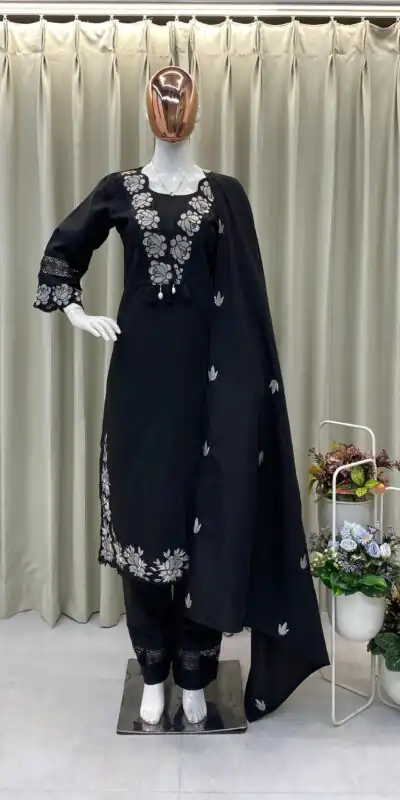 BE 385 Black Color Rayon Slub Cotton Embroidery Work Salwar Suit Casual, Wedding, Festive, Events . Expected Delivery  4-6 Working Days @1899/- only      | Jump Suits, Salwar suit, Designer Suits, Casual Suits, Creative suits, Palazzo Suits, Party Wear Suits, Patiala Suits, Straight Suits