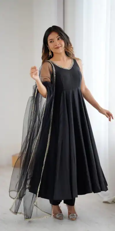 KB 285 Black in Roman Silk Chanderi Mirror Work & Lace Work Gown . Best Price ₹1929. Delivery 4-6 Working Days. Shop now. | Jump Suits, Salwar suit, Designer Suits, Casual Suits, Creative suits, Palazzo Suits, Party Wear Suits, Patiala Suits, Straight Suits