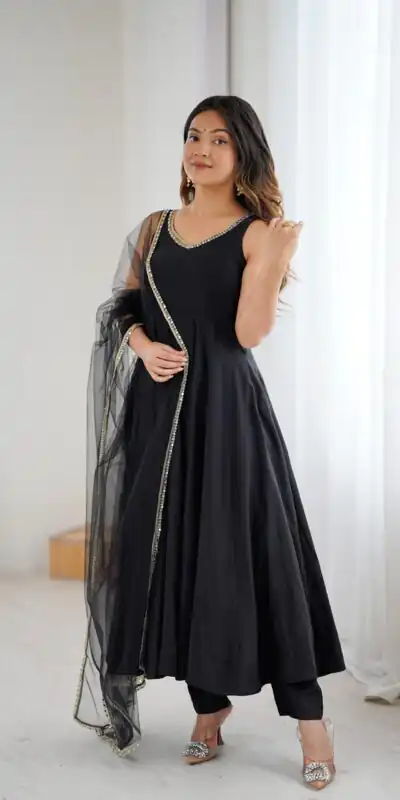 KB 285 Black in Roman Silk Chanderi Mirror Work & Lace Work Gown . Best Price ₹1929. Delivery 4-6 Working Days. Shop now. | Jump Suits, Salwar suit, Designer Suits, Casual Suits, Creative suits, Palazzo Suits, Party Wear Suits, Patiala Suits, Straight Suits