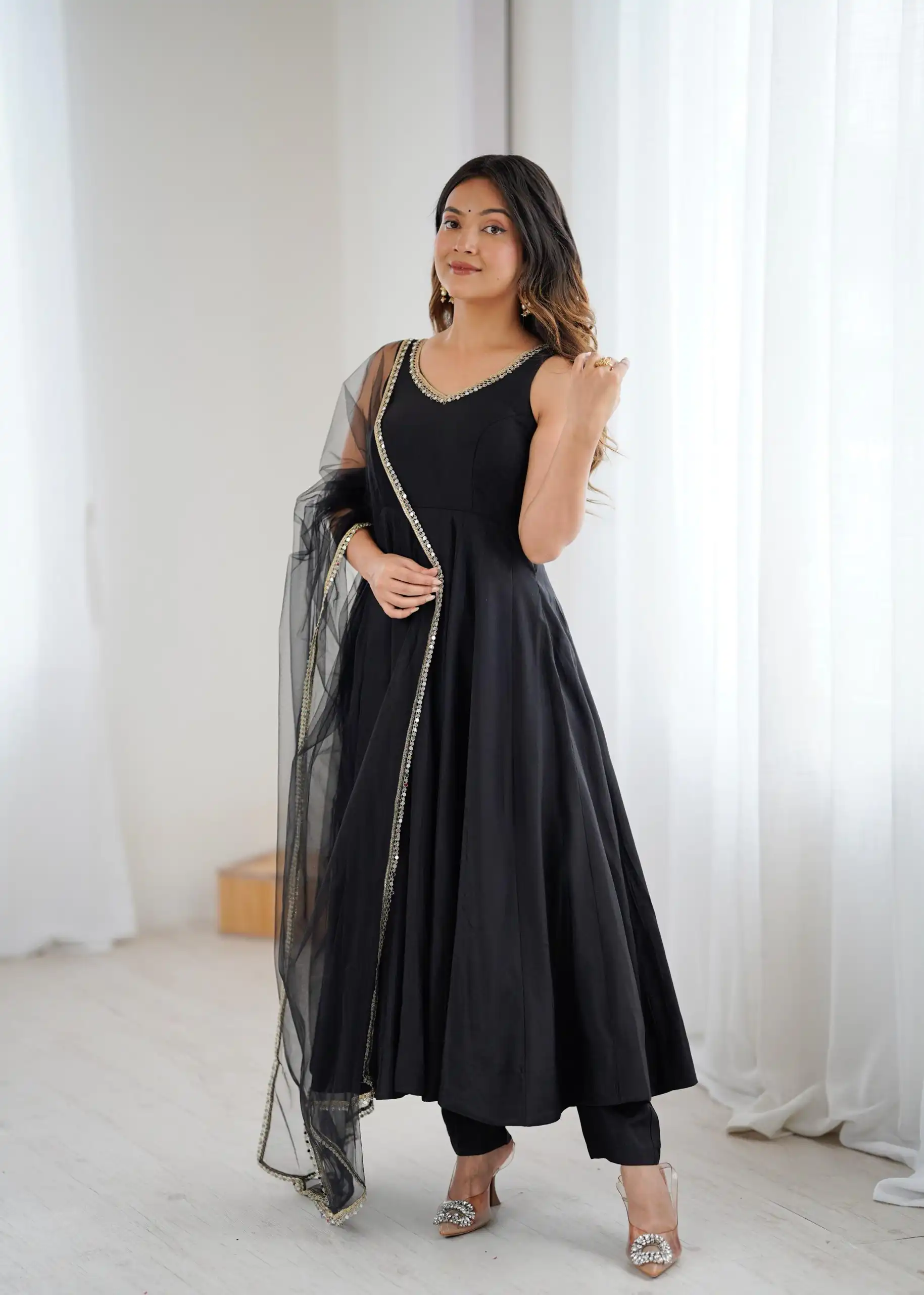 KB 285 Black in Roman Silk Chanderi Mirror Work & Lace Work Gown . Best Price ₹1929. Delivery 4-6 Working Days. Shop now. | Jump Suits, Salwar suit, Designer Suits, Casual Suits, Creative suits, Palazzo Suits, Party Wear Suits, Patiala Suits, Straight Suits