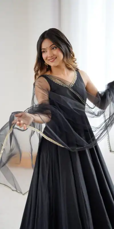 KB 285 Black in Roman Silk Chanderi Mirror Work & Lace Work Gown . Best Price ₹1929. Delivery 4-6 Working Days. Shop now. | Jump Suits, Salwar suit, Designer Suits, Casual Suits, Creative suits, Palazzo Suits, Party Wear Suits, Patiala Suits, Straight Suits