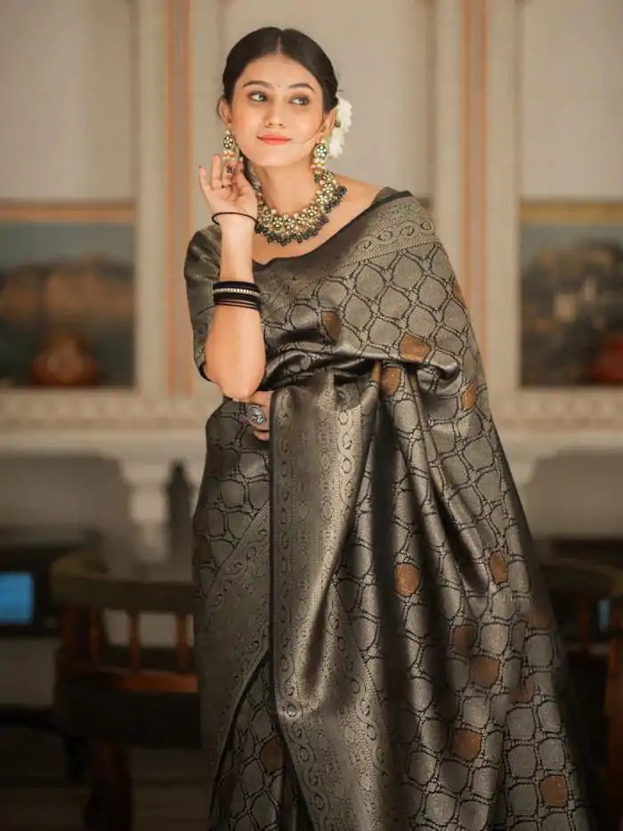 KPR 231 Black Soft Lichi Silk Saree with Designer Work. Wedding, Party, Festive, Events, Festive Deal ₹1449. Delivery 4-6 Working Days. Shop now. | Sarees, Bollywood Sarees, Creative Sarees, Designer Sarees, Embroidered Sarees, Ethnic Saree, Modern Digital sarees, Party Wear Sarees