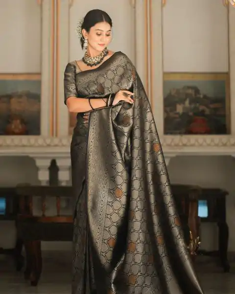 KPR 231 Black Soft Lichi Silk Saree with Designer Work. Wedding, Party, Festive, Events, Festive Deal ₹1449. Delivery 4-6 Working Days. Shop now. | Sarees, Bollywood Sarees, Creative Sarees, Designer Sarees, Embroidered Sarees, Ethnic Saree, Modern Digital sarees, Party Wear Sarees