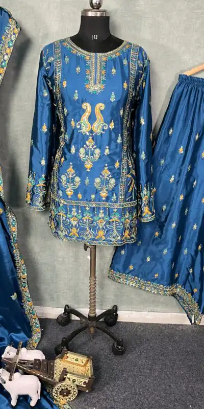 Blue Chinon Silk Sequin Embroidery Work Salwar Suit