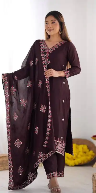 SSR 5005 Brown Chinnon Silk with Lace Work & Embroidery Work Salwar Suit . Now at just ₹1849. Delivery 4-6 Working Days. Shop now. | Jump Suits, Tops & Bottoms, Track Suits, Trendy Wear, Salwar suit, Designer Suits, Casual Suits, Creative suits, Palazzo Suits, Party Wear Suits, Patiala Suits, Straight Suits