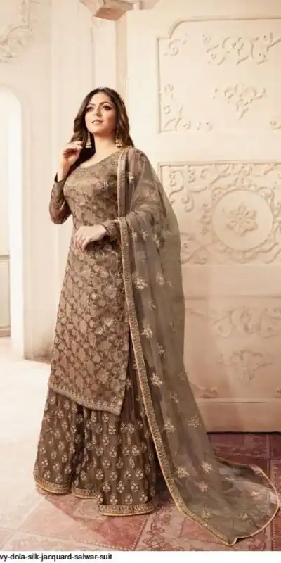 FC L.t 5401 Brown Color Jacquard Silk Georgette Diamond Sharara Suit Wedding, Party, Festive Expected Delivery 4-6 Working Days  @2999/- | Jump Suits, Salwar suit, Designer Suits, Casual Suits, Creative suits, Palazzo Suits, Party Wear Suits, Patiala Suits, Straight Suits