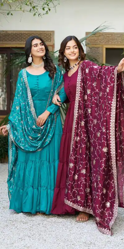 106 Firozi Color Vichitra Silk Gown Ram with Embroidery Work. Exclusive Offer ₹2049. Delivery 4-6 Working Days. Shop now. | Jump Suits, Salwar suit, Designer Suits, Casual Suits, Creative suits, Palazzo Suits, Party Wear Suits, Patiala Suits, Straight Suits