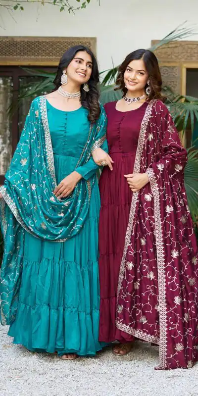 106 Firozi Color Vichitra Silk Gown Ram with Embroidery Work. Exclusive Offer ₹2049. Delivery 4-6 Working Days. Shop now. | Jump Suits, Salwar suit, Designer Suits, Casual Suits, Creative suits, Palazzo Suits, Party Wear Suits, Patiala Suits, Straight Suits