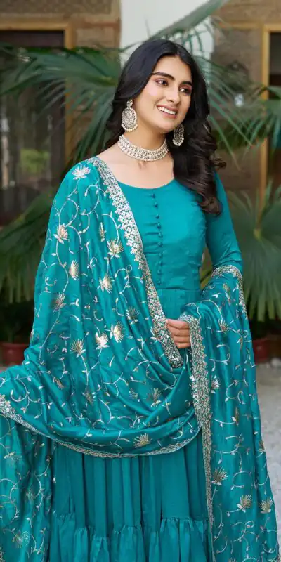 106 Firozi Color Vichitra Silk Gown Ram with Embroidery Work. Exclusive Offer ₹2049. Delivery 4-6 Working Days. Shop now. | Jump Suits, Salwar suit, Designer Suits, Casual Suits, Creative suits, Palazzo Suits, Party Wear Suits, Patiala Suits, Straight Suits