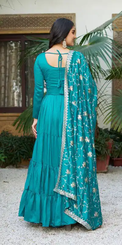 106 Firozi Color Vichitra Silk Gown Ram with Embroidery Work. Exclusive Offer ₹2049. Delivery 4-6 Working Days. Shop now. | Jump Suits, Salwar suit, Designer Suits, Casual Suits, Creative suits, Palazzo Suits, Party Wear Suits, Patiala Suits, Straight Suits