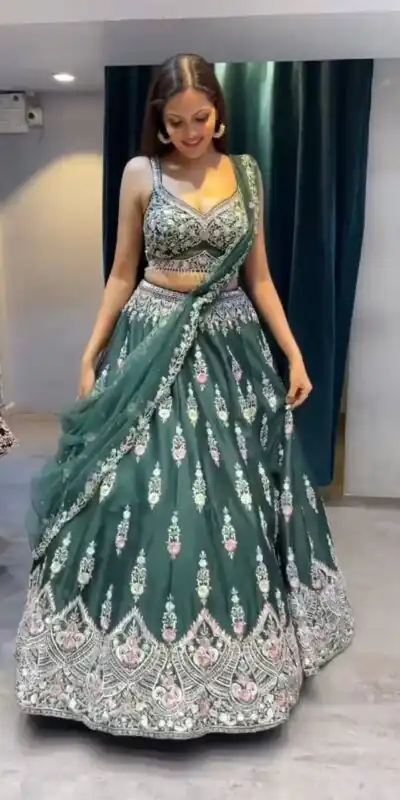 KF 1623 Green Faux Georgette with Cut Work Lehenga Choli . Wedding, Party, Festive, Events, Delivery 4-6 Working Days. Shop now. | Lehenga, Bollywood Lehenga, Creative Lehenga, Designer Lehenga, Embroidered Lehenga, Party Wear Lehenga