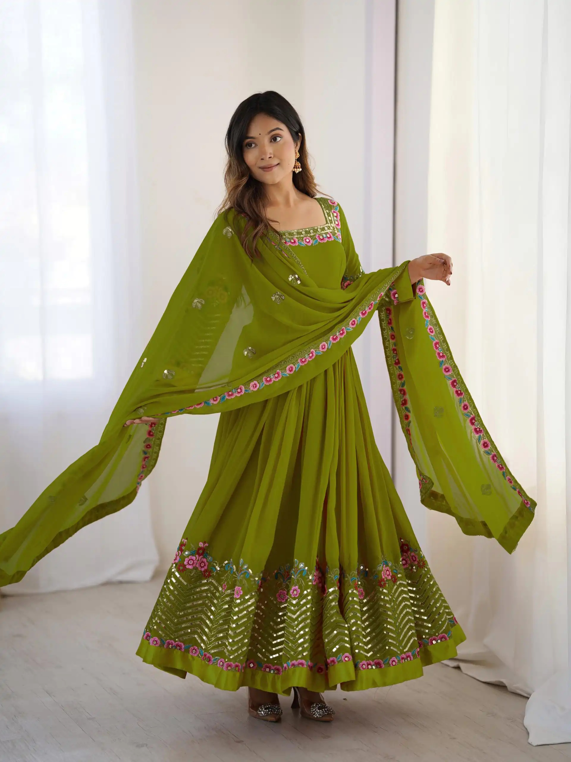 ZF 5010 Green Georgette Gown Perfect for Wedding, Party, Pooja, Ethnic Day, Karwa Chauth – . Best Price ₹2049. Delivery 4-6 Working Days. Shop now. | Jump Suits, Salwar suit, Designer Suits, Casual Suits, Creative suits, Palazzo Suits, Party Wear Suits, Patiala Suits, Straight Suits