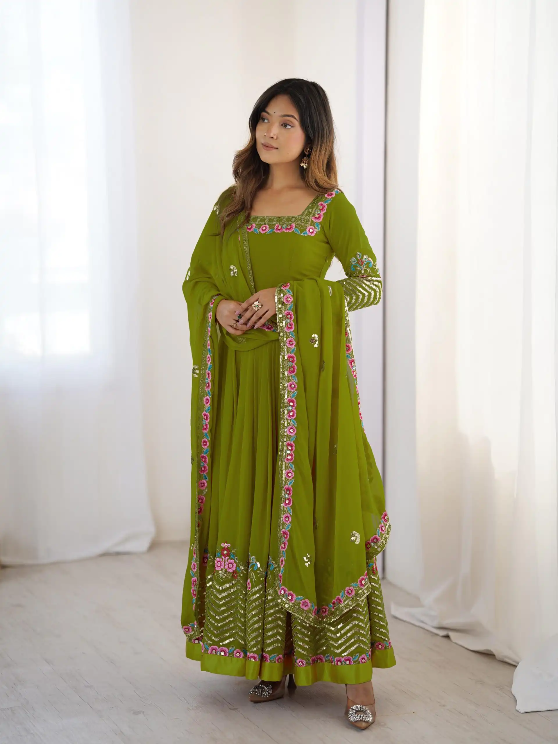ZF 5010 Green Georgette Gown Perfect for Wedding, Party, Pooja, Ethnic Day, Karwa Chauth – . Best Price ₹2049. Delivery 4-6 Working Days. Shop now. | Jump Suits, Salwar suit, Designer Suits, Casual Suits, Creative suits, Palazzo Suits, Party Wear Suits, Patiala Suits, Straight Suits